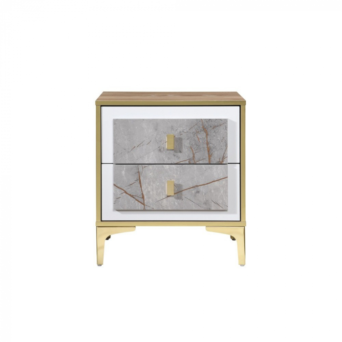 Noptiera Nero cu 2 sertare, culoare Marmura + Aur, 50x41x57cm [2]