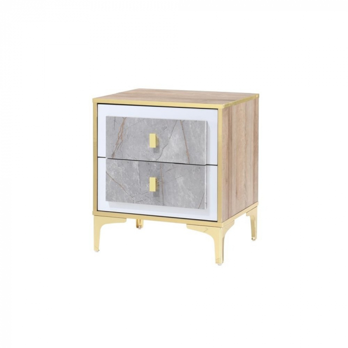 Noptiera Nero cu 2 sertare, culoare Marmura + Aur, 50x41x57cm [4]