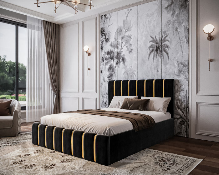 Pat Tapițat 160x200 cm – Velvet Negru cu Accente Aurii [3]