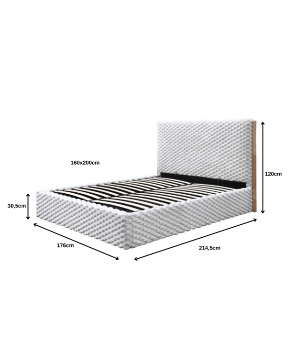 Pat tapitat Nordic cu stofa bucla, 160x200, cu somiera metalica rabatabila si spatiu de depozitare, culoare Bej [9]