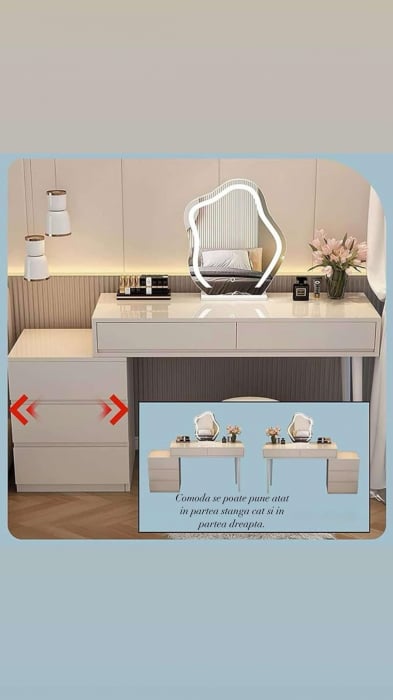 Set AMY 6,  Masă de toaletă 100x40x76  pentru machiaj cu oglindă iluminată LED, Scaun INCLUS. [2]
