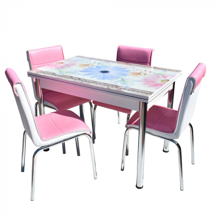 Set masa sticla 4 scaune Nr57 Pembe Mavi Cicek [2]