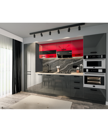 Bucatarie Daria, MDF Rosu+Gri antracit, 303x60x200cm [2]