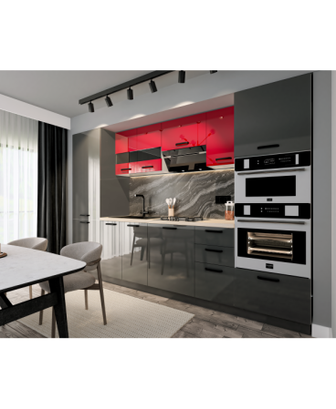 Bucatarie Daria, MDF Rosu+Gri antracit, 303x60x200cm [1]