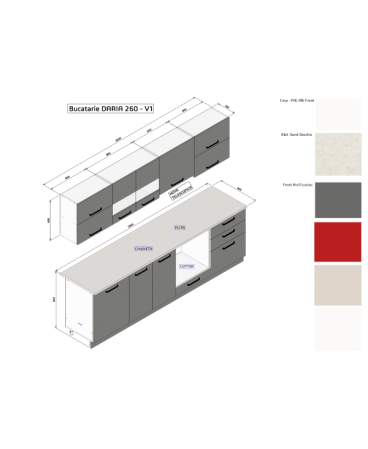 Bucatarie Daria MDF, V1 260x60x200cm, Rosu+Antracit [6]