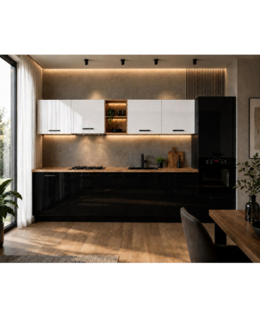 Mobilier bucatarie - Bucatarie Daria MDF V1, 340x60x200cm, Alb lucios+Negru