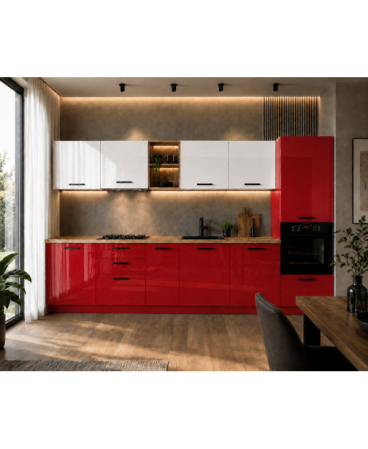 Mobilier bucatarie - Bucatarie Daria MDF V1, 340x60x200cm, Alb lucios+Rosu
