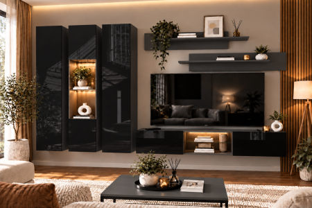 Mobilier living - Living MP3 Antracit + Acril cappuccino, alb, negru Antracit+Negru