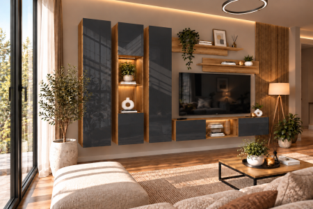 Mobilier living - Living MP3 Stejar K003 + Acril cappuccino, alb, negru, antracit K003+ANTRACIT