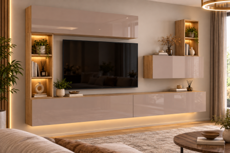 Mobilier living - Living MP4 Stejar K003 + Acril alb, Cappuccino, Negru K003+CAPPUCCINO
