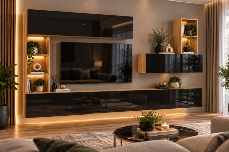 Mobilier living - Living MP4 Stejar K003 + Acril alb, Cappuccino, Negru K003+NEGRU