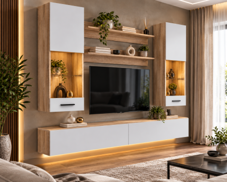 Mobilier living - Living MP5 Stejar Sonoma+Alb mat, antracit, gri ciment Sonoma+Alb