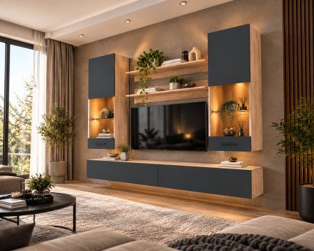Mobilier living - Living MP5 Stejar Sonoma+Alb mat, antracit, gri ciment Sonoma+Antracit
