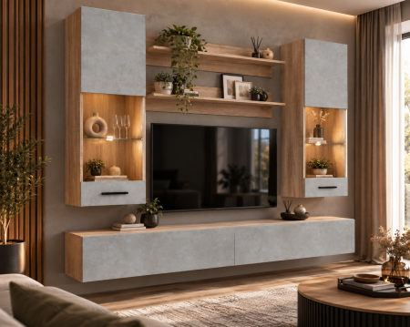 Mobilier living - Living MP5 Stejar Sonoma+Alb mat, antracit, gri ciment Sonoma+Gri ciment