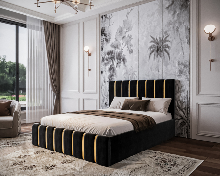 Pat Tapițat 160x200 cm – Velvet Negru cu Accente Aurii [2]