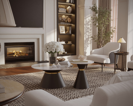 Masuta cafea - Set 2 masute cafea DAKOTA, alb cu efect de marmura/auriu, ceramica/otel