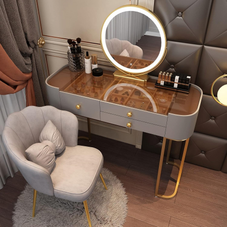 Mic mobilier - Set AMY 3, Masă de toaletă 100x40x78  pentru machiaj cu oglindă iluminată LED, Scaun 80x40x75