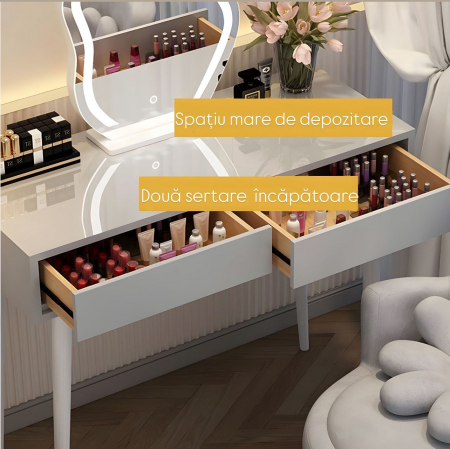 Set AMY 5,  Masă de toaletă 100x40x76  pentru machiaj cu oglindă iluminată LED, Scaun INCLUS. [1]