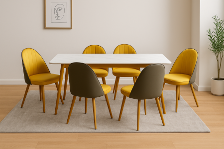 Masa cu scaune living - Set masa cu 4 scaune HA02, 160x80x74cm, Gri/Galben