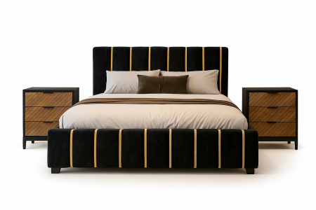 Paturi tapitate - Set Pat Tapitat Lux 160x200cm + 2 noptiere Furnir MDF