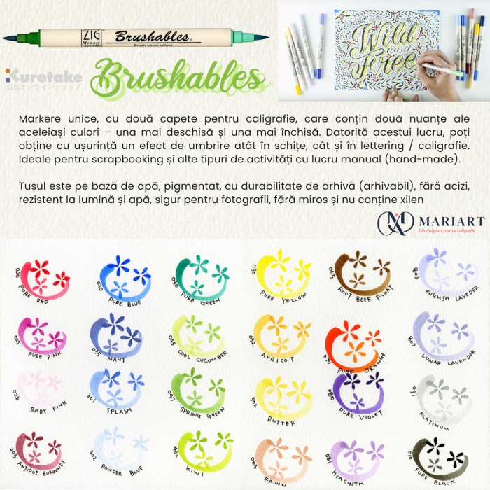Brush pen Kuretake ZIG Brushables, 2 culori in 1 - Kiwi [3]
