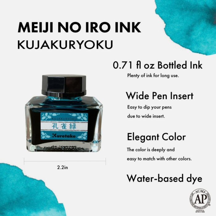 Cerneala turcoaz inchis pentru stilou Kuretake Ink-Café Meiji No Iro, Kujakuryoku, 20 g [3]