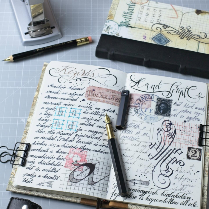 Jurnal Bomo legat manual, model Hand script, cotor din piele, hartie ivory 90g/mp [3]
