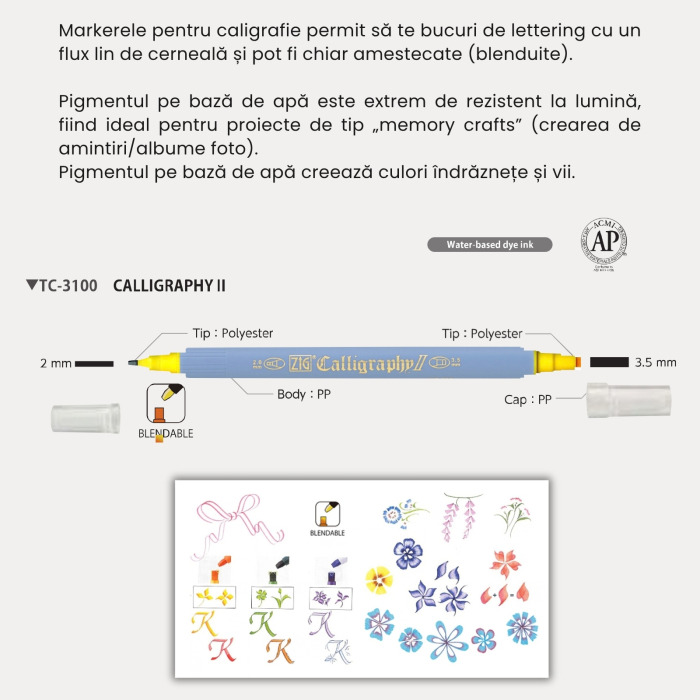 Marker caligrafie cu varf lat Kuretake ZIG Calligraphy II, 2 mm si 3,5 mm - Pink [3]