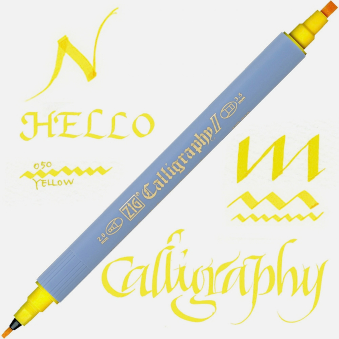 Marker caligrafie cu varf lat Kuretake ZIG Calligraphy II, 2 mm si 3,5 mm - Yellow [2]