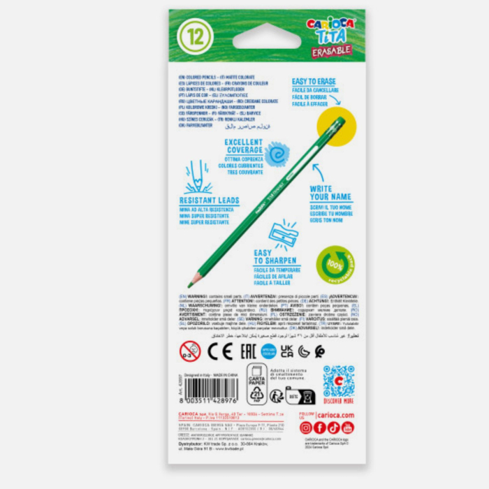 Set 12 creioane colorate cu radiera, Carioca Tita Erasable, ușor de sters, pentru copii si elevi [6]