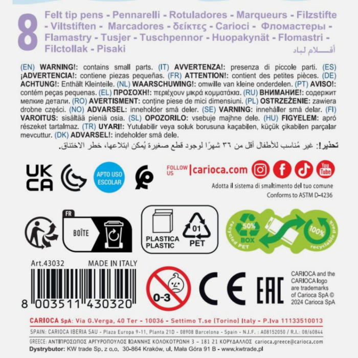 Set 8 carioci pastel lavabile, non toxice pentru copii si adulti, Carioca Pastel [8]