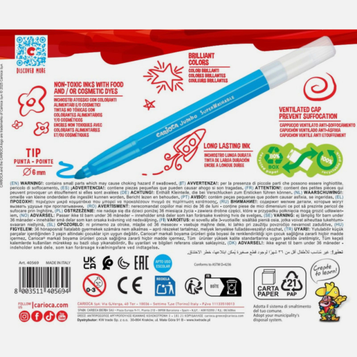 Set carioci diverse culori Carioca Jumbo, super lavabile, varf gros, pentru copii, scoala si gradinita [12]