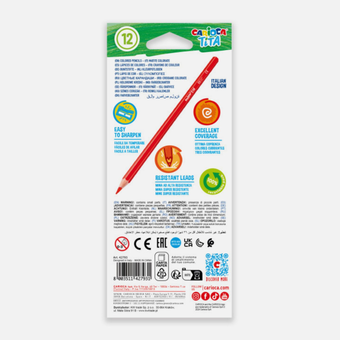 Set creioane colorate Carioca Tita, diverse culori, mina rezistenta, hexagonala, 3 mm. pentru copii si elevi [8]