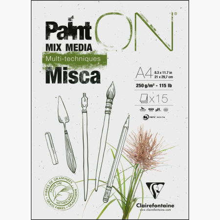 HARTIE SI PLICURI - Bloc hartie Misca cu fibre naturale de iarba, mix media, multi technique, 15 foi, 250 g, A4-A3, Paint On - Clairefontaine