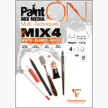 Blocuri de hartie - Bloc hartie mix media, multi technique, 4 tipuri hartie alba x 3 foi, 250 g, A4-A3, Paint On - Clairefontaine