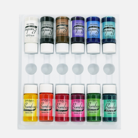CALIGRAFIE ARTISTICA - Set 12 culori cerneala colorata caligrafie si pictura, 15 ml, waterproof, set 1 Bombay India Ink -  Dr. Ph. Martin’s