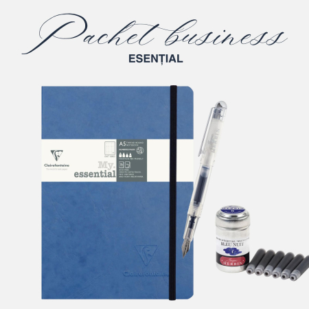 SETURI EXCLUSIVE - Pachet BUSINESS ESENTIAL - agenda albastra & stilou Herbin, penita F si cerneala albastra