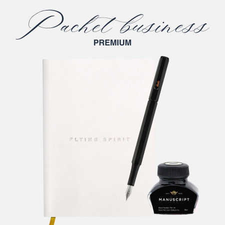 SETURI EXCLUSIVE - Pachet BUSINESS PREMIUM - agenda din piele alba & stilou Rhodia, penita M si cerneala neagra