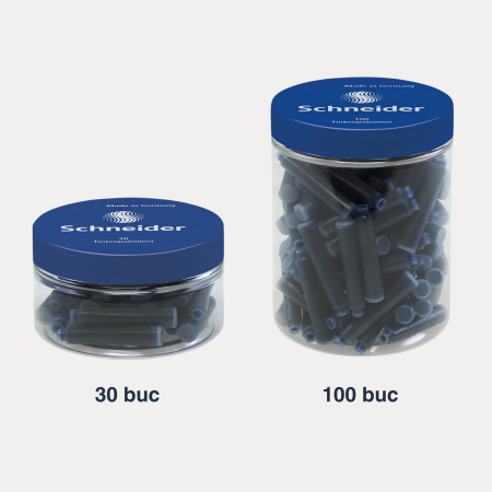 Patroane - rezerve - Patroane cerneala albastra Schneider, 30 sau 100 bucati/borcan, standard international, rezerve pentru stilou si roller