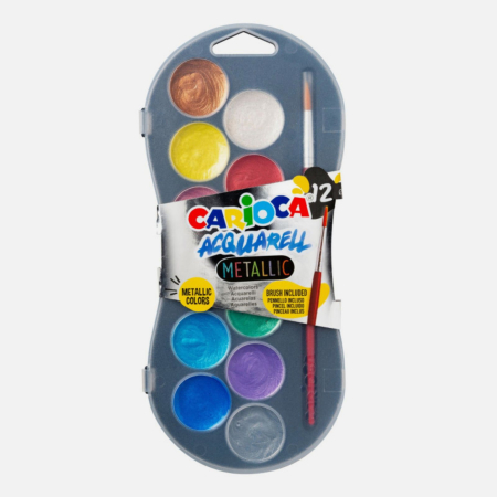 Acuarele - Set 12 acuarele sidefate Carioca Metallic, pensula inclusa, lavabile, culori intense pentru pictat