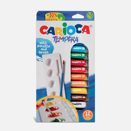 Acuarele - Set 12 acuarele tempera Carioca cu tavita si pensula, opace, usor de curatat