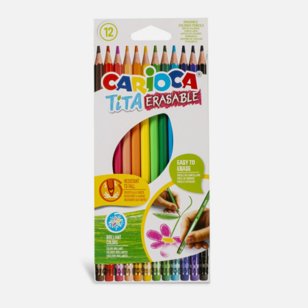 Creioane colorate - Set 12 creioane colorate cu radiera, Carioca Tita Erasable, ușor de sters, pentru copii si elevi