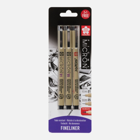 Linere - Set 2 linere Sakura Pigma Micron negru + 1 carioca varf pensula Pigma Brush GRATIS
