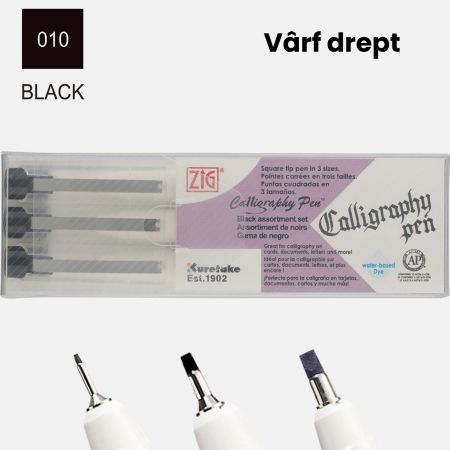 SCRIS DE MANA - Set 3 markere negre cu varf drept pentru caligrafie Kuretake ZIG Square Tip