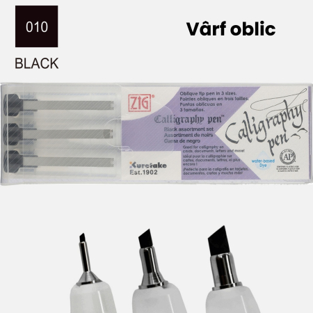 SCRIS DE MANA - Set 3 markere negre cu varf oblic pentru caligrafie Kuretake ZIG Oblique Tip