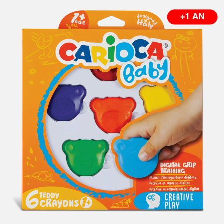 Creioane colorate - Set 6 culori creioane cerate Carioca Baby Teddy pentru copii 1+, forma ursuleti, ergonomice