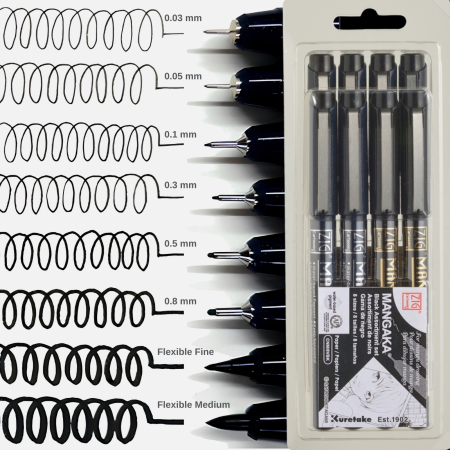 Linere - Set 6 linere negre + 2 brushpens pentru manga, desen si ilustratie Kuretake ZIG Cartoonist MANGAKA