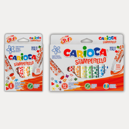 Carioci - Set carioci cu stampila si varf dublu pentru copii, 2 in 1 desen + modele, non-toxice, Carioca Stamperello