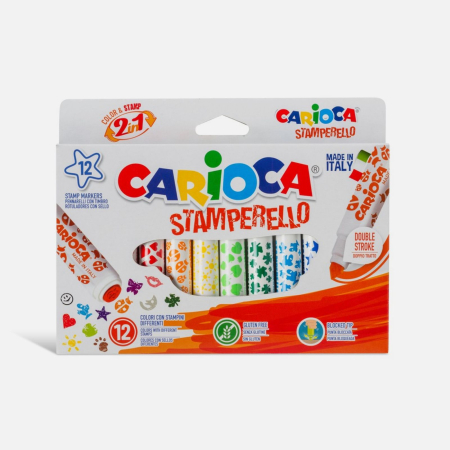 Carioci - Set carioci cu stampila si varf dublu pentru copii, 2 in 1 desen + modele, non-toxice, Carioca Stamperello