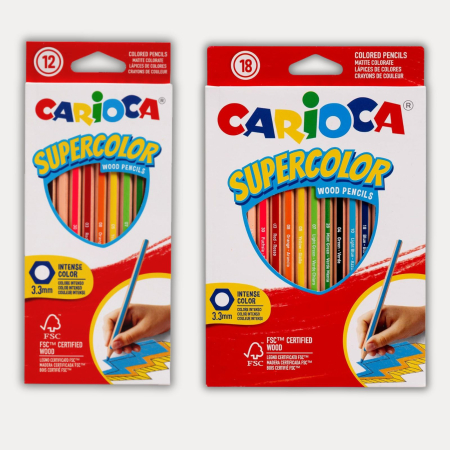 SCRIS DE MANA - Set creioane colorate Carioca Supercolor, diverse culori, mina rezistenta, hexagonala, 3 mm, din lemn, pentru copii si elevi
